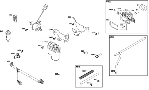 Throttle Body And Fuel Supply Group Diagram and Parts List for 61E877-0113-J1 400000 - 699999 Briggs and Stratton Engine